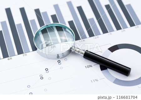 ビジネスグラフと虫眼鏡 ビジネスグラフと虫眼鏡 116681704