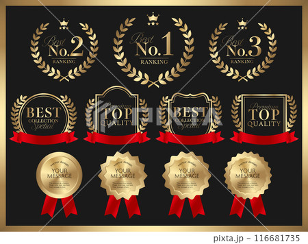 月桂樹と赤リボンの金色ラベルフレームセット 月桂樹と赤リボンの金色ラベルフレームセット 116681735