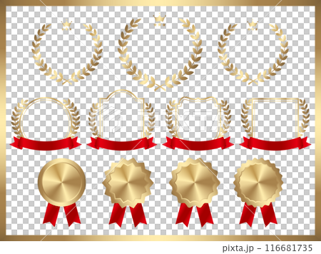 月桂樹と赤リボンの金色ラベルフレームセット 月桂樹と赤リボンの金色ラベルフレームセット 116681735