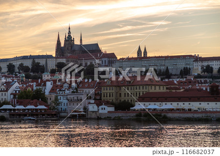 Colorful sunset view of Prague castle, Vltava river and Mala strana district in Prague, capital of Czech republic Colorful sunset view of Prague castle, Vltava river and Mala strana district in Prague, capital of Czech republic 116682037
