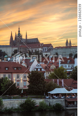 Colorful sunset view of Prague castle, Vltava river and Mala strana district in Prague, capital of Czech republic 116682039