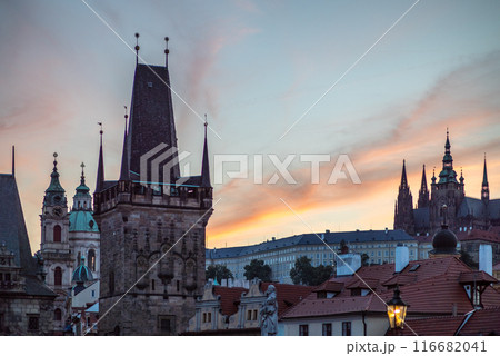 Colorful sunset view of Prague castle and Mala strana district in Prague, capital of Czech republic Colorful sunset view of Prague castle and Mala strana district in Prague, capital of Czech republic 116682041