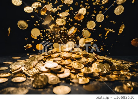 暗闇にはじけて溢れる大量の金貨 暗闇にはじけて溢れる大量の金貨 116682510