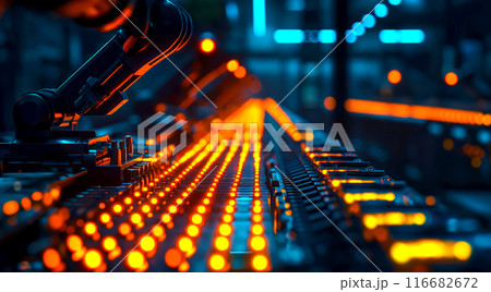 Concept of industry 4.0 high tech, industrial robotic arm in action along production line, futuristic technology of robot as it performs precise tasks, possibly welding or microcircuits assembly Concept of industry 4.0 high tech, industrial robotic arm in action along production line, futuristic technology of robot as it performs precise tasks, possibly welding or microcircuits assembly 116682672