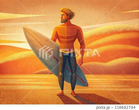 A surfer with a board on the beach. 116682784