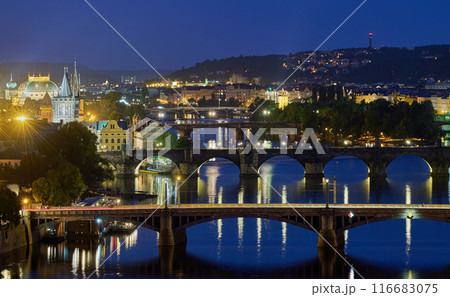 Aerial cityscape evening view of Prague, capital city of Czech Republic, view from Letna park Aerial cityscape evening view of Prague, capital city of Czech Republic, view from Letna park 116683075
