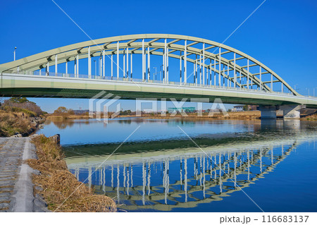 川崎市多摩区の稲田多摩川公園付近から多摩川に水面反射する多摩水道橋を見る 116683137