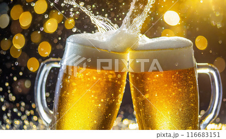 2つのビールジョッキにいっぱいに注がれたビールが溢れている。乾杯のイメージ。 116683151