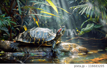 A turtle sunbathes on a rock surrounded by lush greenery and calm waters. Generate AI 116683205