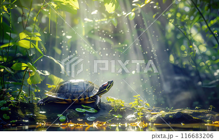 A turtle sunbathes on a rock surrounded by lush greenery and calm waters. Generate AI 116683206
