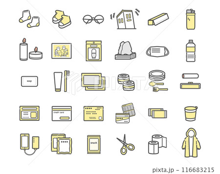 防災用品 防災グッズ アイテム アイコンセット 防災用品 防災グッズ アイテム アイコンセット 116683215