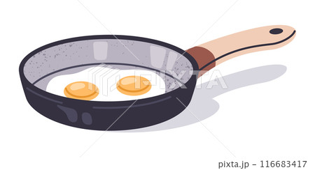 Frying pan with eggs. Cooking frying eggs, morning breakfast omelet or scrambled eggs cook, non-stick frying pan flat vector illustration. Food preparation kitchenware Frying pan with eggs. Cooking frying eggs, morning breakfast omelet or scrambled eggs cook, non-stick frying pan flat vector illustration. Food preparation kitchenware 116683417