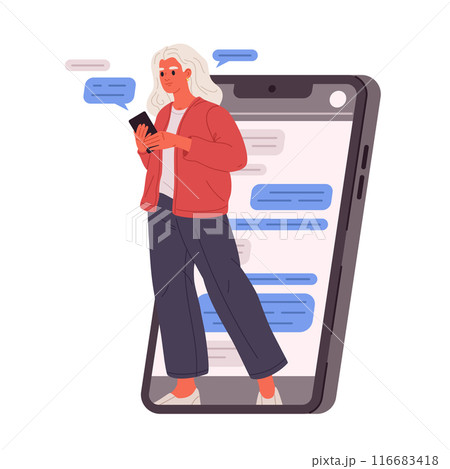 Girl using smartphone. Chatting woman standing inside big smartphone, female character text message to friends flat vector illustration. Smartphone usability concept 116683418