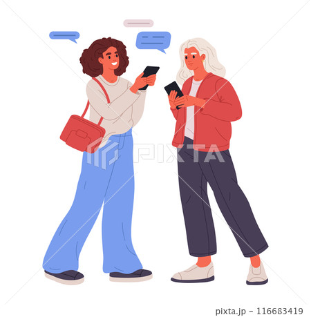 Girls holding smartphones. Young women use cellphones, female characters chatting or surfing internet flat vector illustration. Women with phones in hands Girls holding smartphones. Young women use cellphones, female characters chatting or surfing internet flat vector illustration. Women with phones in hands 116683419
