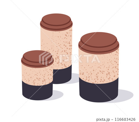 Storage jars. Empty food boxes for spices, cereal and pasta, food storing clay kitchenware jars flat vector illustration set. Household food containers Storage jars. Empty food boxes for spices, cereal and pasta, food storing clay kitchenware jars flat vector illustration set. Household food containers 116683426