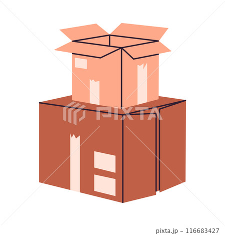 Warehouse boxes stack. Cardboard stacked cargo boxes, carton packages pile flat vector illustration. Hand drawn moving or delivery boxes on white 116683427