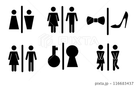 Restroom or bathroom for man and woman to peeing. Funny vector WC pictogram icon or sign. World toilet day. Stickman bath room. Unisex. Clean the toilets Restroom or bathroom for man and woman to peeing. Funny vector WC pictogram icon or sign. World toilet day. Stickman bath room. Unisex. Clean the toilets 116683437
