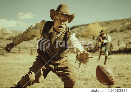 Young cowboy running with a football, being chased in a wild west setting 116683555