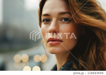 Young business woman set against an urban background. Natural beauty, lifestyles and business Young business woman set against an urban background. Natural beauty, lifestyles and business 116683649