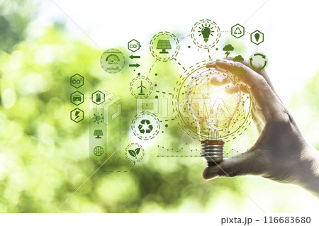 green energy concept help reduce global warming..Hand holding natural background light bulb on green leaf with clean energy icon around it. Carbon dioxide emission in industry zero carbon concept.. green energy concept help reduce global warming..Hand holding natural background light bulb on green leaf with clean energy icon around it. Carbon dioxide emission in industry zero carbon concept.. 116683680