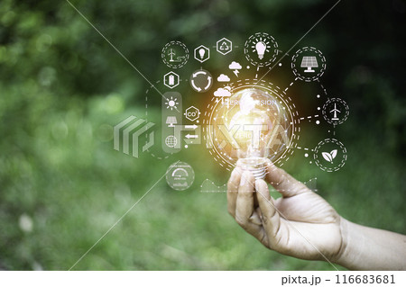 green energy concept help reduce global warming..Hand holding natural background light bulb on green leaf with clean energy icon around it. Carbon dioxide emission in industry zero carbon concept.. 116683681