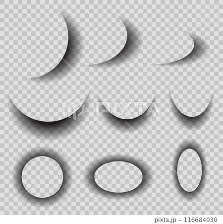 Vector set of circle shadow effects. Collection of oval translucent shadows isolated from background. Design element 116684030