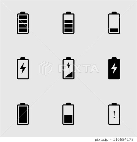 Battery level capacity indicator icon set. Collection of charging battery symbol illustration Battery level capacity indicator icon set. Collection of charging battery symbol illustration 116684178