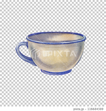 Watercolor vintage tea cup on with blue border on white background. Elegant ceramic teacup, detailed illustration. Victorian style. Perfect for kitchen decor, recipe books, tea designs, and cafes. 116684389