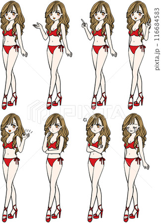 8種類の表情の赤い水着の女性（全身）のイラスト素材 [116684583] - PIXTA