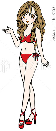 絵　手描き　ドローイング　赤いビキニ姿の女性 紹介する赤い水着の女性（全身）のイラスト素材 [116684586] - PIXTA