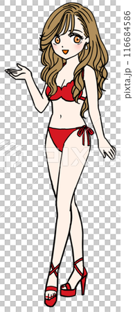 紹介する赤い水着の女性（全身）のイラスト素材 [116684586] - PIXTA