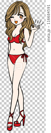 OKサインを出す赤い水着の女性（全身）のイラスト素材 [116684591] - PIXTA