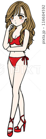 困っている赤い水着の女性（全身） 116684592