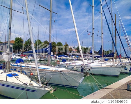 Summer view of pier with ships, yachts and other boats with ferris wheel in Rimini, Italy. 116684692