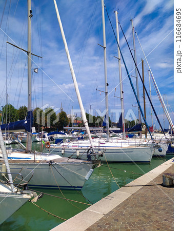 Summer view of pier with ships, yachts and other boats with ferris wheel in Rimini, Italy. 116684695