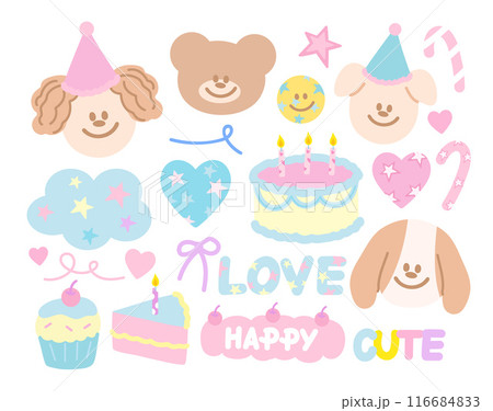 Pastel illustrations of puppy, teddy bear, candy cane, cake, cupcake, heart, cloud, ribbon, star for cute stickers, cartoon, character, icon, summer, shirt print, happy emoji, birthday, animal, pet 116684833