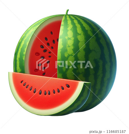 丸いスイカからカットされた 1切れのスイカ、影無し。AI生成素材 116685187