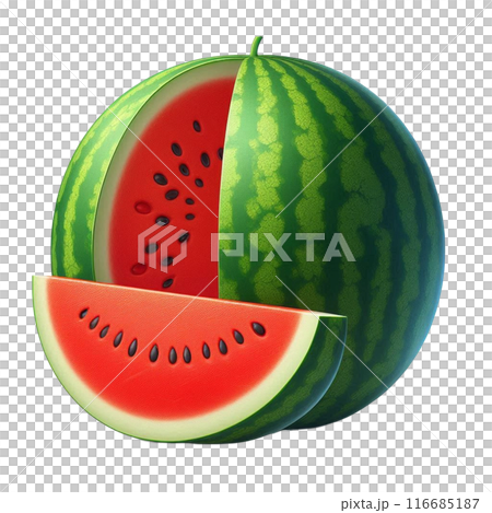 丸いスイカからカットされた 1切れのスイカ、影無し。AI生成素材 116685187