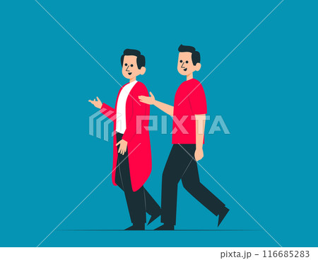 Friends walking on street together. Happy friends vector concept 116685283