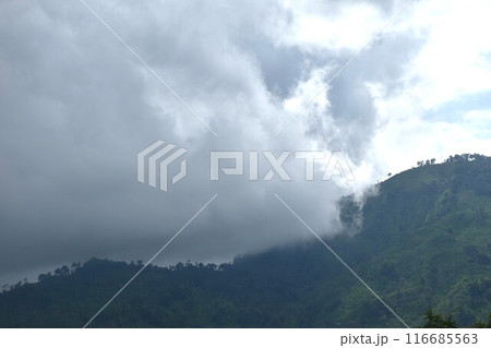 landscape of mountain with rain cloud and mist at Sai Thong water reservoir lake in Thailand 116685563