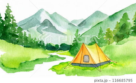 キャンプ　テント　山　アウトドア　ハイキング　背景　風景　水彩　背景画像　背景素材　バックグラウンド 116685795