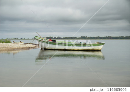 lonely fishing boat docked in  sea. 116685903