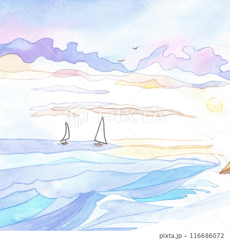 Hand drawn watercolor landscape with sea sunset and boats isolated on white background. Can be used for cards, poster and other printed products. Hand drawn watercolor landscape with sea sunset and boats isolated on white background. Can be used for cards, poster and other printed products. 116686072