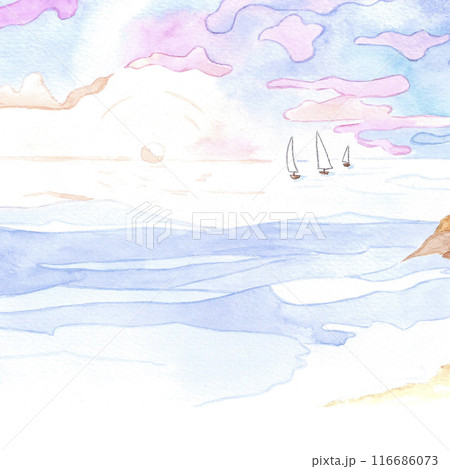 Hand drawn watercolor landscape with sea sunset and boats isolated on white background. Can be used for cards, poster and other printed products. 116686073