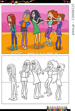 cartoon women characters group coloring page 116686125