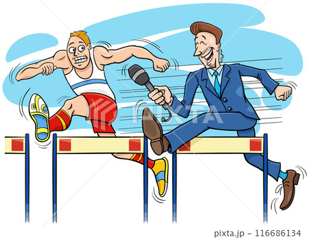 hurdle runner and reporter cartoon illustration hurdle runner and reporter cartoon illustration 116686134