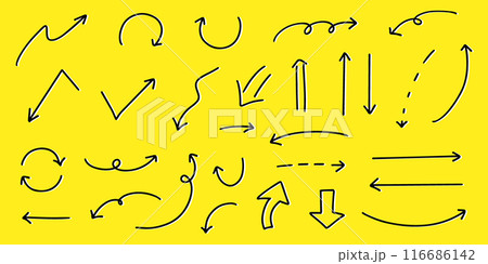 ベクターのペンの手書きの矢印セット 白黒 黄色背景 116686142