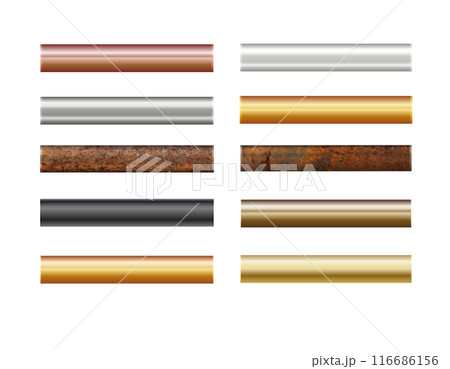 Pipe set isolated on background. Chrome, rusty, steel, golden, copper and iron pipes profile. Cylinder metal tubes. Vector Pipe set isolated on background. Chrome, rusty, steel, golden, copper and iron pipes profile. Cylinder metal tubes. Vector 116686156