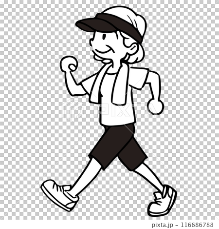 シニアの女性_ウォーキングをするイラスト_白黒 116686788