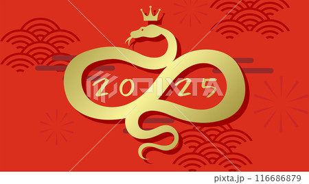 Golden zodiac snake on red background new year 2025 card Golden zodiac snake on red background new year 2025 card 116686879